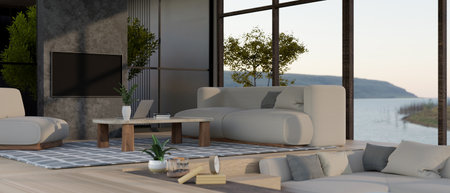 Modern contemporary home living room interior design with comfortable couch, coffee table ,TV screen...