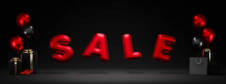 Discount Mega sale banner in black and red theme, sale text with shopping bogs, balloons and gift boxes. Hot price, Black Friday, Shopping banner. hero header. 3d render, 3d illustrationの写真素材