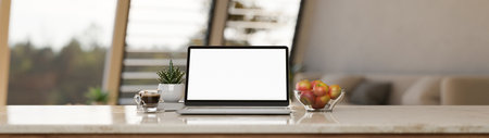 Close-up image, Notebook laptop blank screen mockup, a cup of coffee, apple bowl and decor plant on marble tabletop over blurred living room in the background. hero header. 3d render, 3d illustrationの写真素材