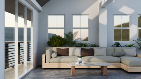 Contemporary Scandinavian living room interior design with comfortable couch, coffee table, indoor...