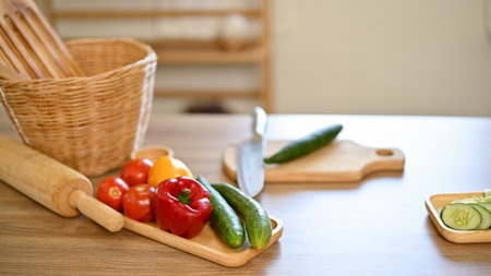 Dining table with fresh vegetables, chopping board, knife and cooking appliances. tomato, cucumber,...
