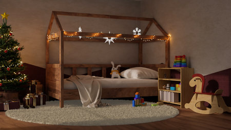 Comfortable and cozy kid's bedroom in Christmas night theme interior design with comfy bed, Christmas tree, rocking horse, rug, bookcase, toys and Christmas lights. 3d render, 3d illustrationの写真素材