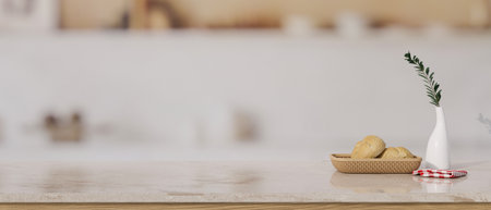 Kitchen countertop with copy space for your product display, bread basket, napkin and ceramic vase over blurred minimal kitchen cooking space in the background. 3d render, 3d illustrationの写真素材