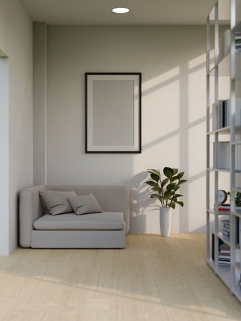 Modern minimal home or apartment living room interior design with grey sofa, indoor plants, book shelves, minimal parquet floor and empty frame mockup on white wall. 3d render, 3d illustrationの写真素材