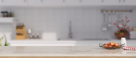 Marble white kitchen tabletop with apple tray, ceramic vase, napkin and copy space for montage your...