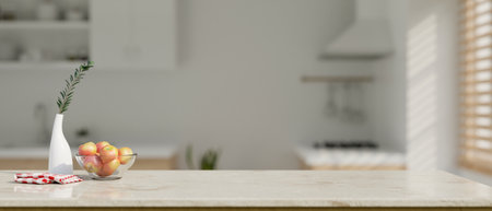 Copy space for your product display on modern kitchen islands or countertop over blurred modern white kitchen cooking space in the background. 3d render, 3d illustrationの写真素材