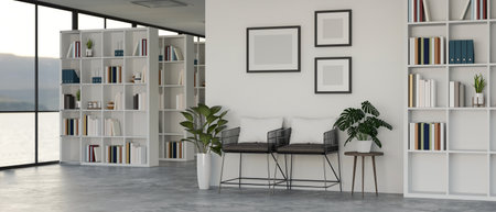 Modern minimal library interior design with white bookshelves, armchairs, indoor plants, cement...