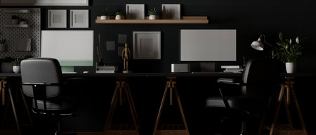 Modern urban dark office room with PC computer mockup and office supplies on desk, office chairs and room decor. 3d render, 3d illustrationの写真素材