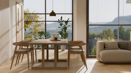 Minimal wood dining table set with comfortable sofa, home decor and amazing glass window in...