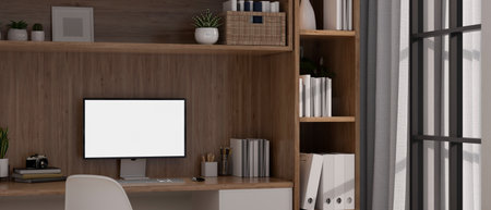 Modern home workspace interior design with PC computer white screen mockup and stationery on wood built-in table. 3d render, 3d illustrationの写真素材