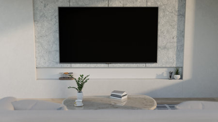 Black TV screen mockup for display your graphic is on the marble wall in modern living room. 3d...