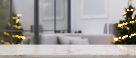 Luxury white marble tabletop with copy space for product display over blurred modern home living room with Christmas trees in the background. 3d render, 3d illustrationの写真素材