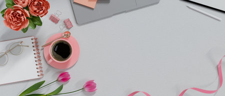 Top view, Beautiful feminine workspace with copy space for display your text, pink coffee cup, pink...