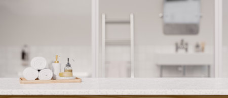 Modern white stone bathroom tabletop with towels, soap, shampoo bottles and copy space for montage...
