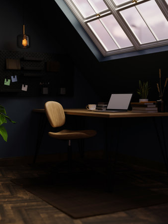 Modern stylish home working place in attic room interior design with laptop mockup and accessories on wood table, stylish chair, wood floor, dark wall and skylight window. 3d render, 3d illustrationの写真素材