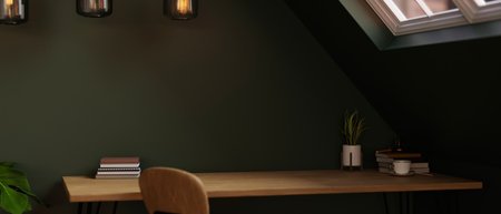 Close-up image, Copy space for your product display on wood tabletop with decor against the stylish green wall in modern attic room. workspace, desk, home office. 3d render, 3d illustrationの写真素材
