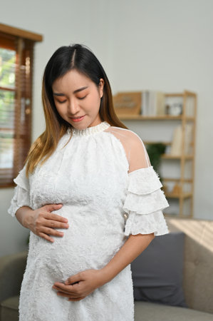 Portrait, Beautiful and happy young Asian pregnant woman stands in living room, touching her belly with love, feeling her baby in her stomach. motherhood and pregnancy conceptの写真素材