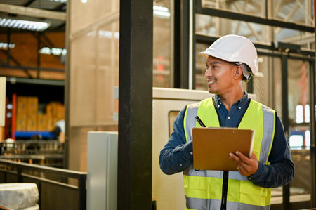 Handsome Asian male warehouse manager or foreman in white hardhat and uniform, checking an inventory...