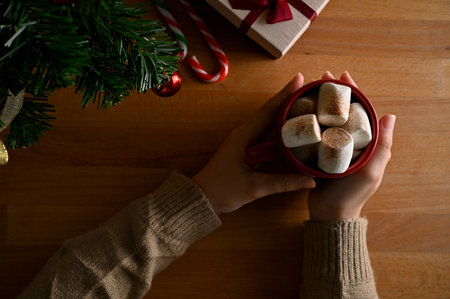 Top view, A female in cozy sweater hands holding a mug of hot chocolate with melting marshmallows, Christmas decor on wood tabletop background.の写真素材