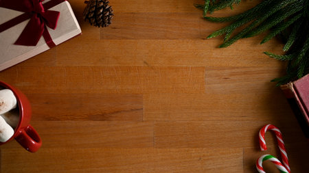 Christmas background, Copy space for your text or product display on wooden background surrounded...