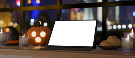 Modern dark office workspace in the Halloween night with digital tablet touchpad white screen mockup, wireless keyboard, Halloween decor. 3d render, 3d illustrationの写真素材