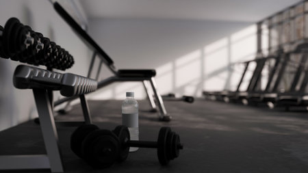 Modern dark fitness gym centre background. Black dumbbells, a bottle of water and copy space on the floor over blurred training centre in background. 3d rendering, 3d illustrationの写真素材