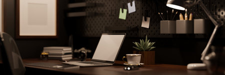 Modern hipster dark office workplace interior design with laptop computer mockup and accessories on dark wood table over the black wall with black pegboard. 3d rendering, 3d illustrationの写真素材