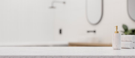 Bathroom advertising background. Empty space for display your product on white tabletop over white bathroom background. 3d rendering, 3d illustrationの写真素材