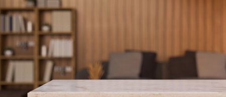 Copy space for montage your product display on modern white marble tabletop over blurred modern contemporary brown living room in background. 3d rendering, 3d illustrationの写真素材