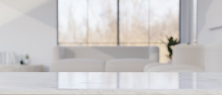 Copy space for montage your product display on white tabletop in front of blurred bright and comfortable living room background. 3d render, 3d illustrationの写真素材