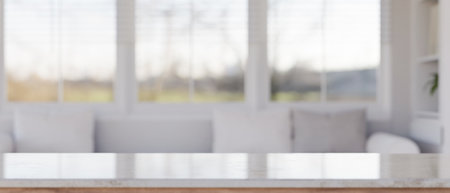 Empty space on tabletop for montage your product display in front of blurred cozy bright living room background. 3d render, 3d illustrationの写真素材