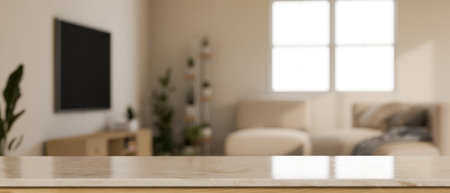 Empty tabletop for montage your product display in front of blurred minimal and cozy living room in background. 3d render, 3d illustrationの写真素材