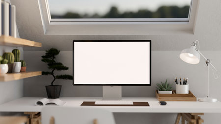 Modern minimal home working space in attic room interior design with white pc desktop computer mockup, table lamp, decor plants and accessories on white table. 3d rendering, 3d illustrationの写真素材
