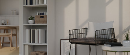 close-up image, Minimal Scandinavian home living room interior design with stylish armchair, side...