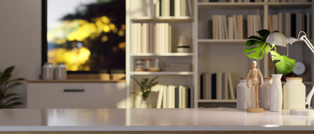 Minimal modern study room with white table top with copy space for product with book shelf...