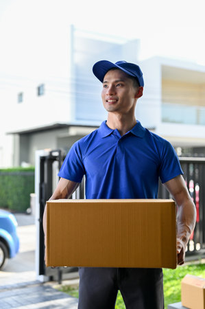 Portrait, Young confident delivery man wearing blue uniform holding parcel for customer.の写真素材