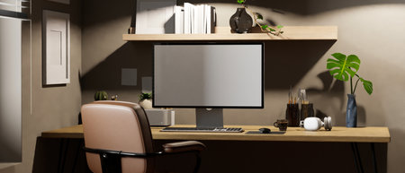 Modern office desk, workstation with PC desktop computer mockup, painting tools and accessories on...