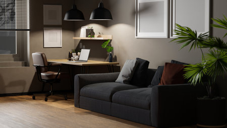 Modern apartment living room with workstation interior design with comfortable sofa, indoor plants,...