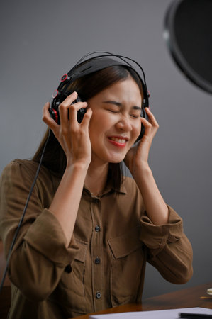 Portrait, Cheerful and excited young Asian female radio host or podcaster in headphones enjoys listening music and running her online radio show in studio.の写真素材