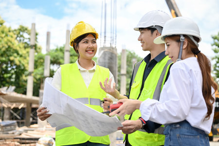 Two professional Asian female and male architects are working, looking at the blueprint and...