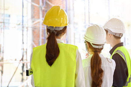 back view, A group of engineer, architect or construction inspector in safety hardhat and uniform in...
