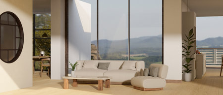 Cozy and comfortable spacious home living room interior design with white sofa, coffee table, home...