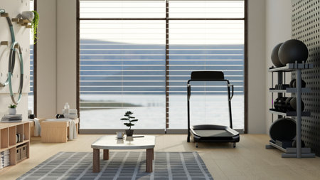 Modern home exercise room interior design with treadmill running machine, sport equipments, weight training equipments and decors. 3d render, 3d illustrationの写真素材