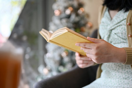 Asian woman reading a book in her beautiful living room on Christmas holiday. cropped imageの写真素材