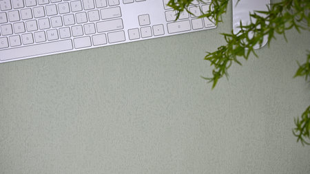 Modern office desk top view with PC keyboard, wireless mouse, decor plant and copy space on grey background.の写真素材