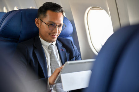 Professional and successful Asian businessman in formal business suit using digital tablet to check...
