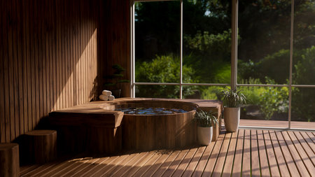 Beautiful and luxury Onsen spa room in Japanese style with wood bath against the glass wall with green forrest view. 3d render, 3d illustrationの写真素材