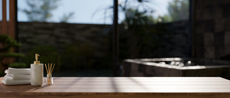 Copy space on wood tabletop with aroma diffuser, shampoo bottle and towels over blurred background...