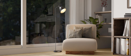 Comfortable and minimal contemporary living room interior design with comfy chair by the glass wall,...