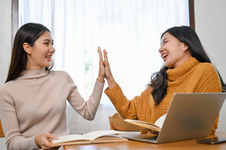 Two cheerful young Asian female college friends giving high five to each other while brainstorming their project together. support, comfort, friendshipの写真素材
